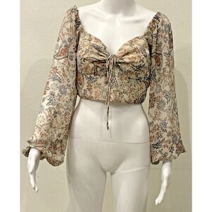 Windsor Milkmaid Coquette Floral Babydoll Smocked Crop Top Size M Beige Festival